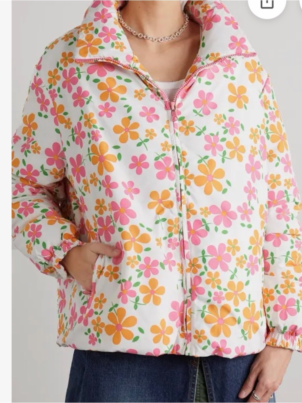 Women’s ERL Floral Puff Jacket - White with Pink & Orange Flowers